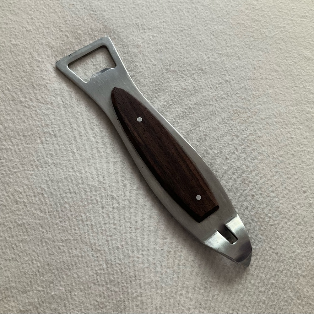 Vintage Mid C Modern Stainless & Teak Wood Fish Shape Bottle and Can Opener